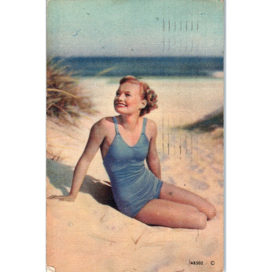 1949 Girl in Blue Bathing Suit on the Beach Original Postcard P2-2
