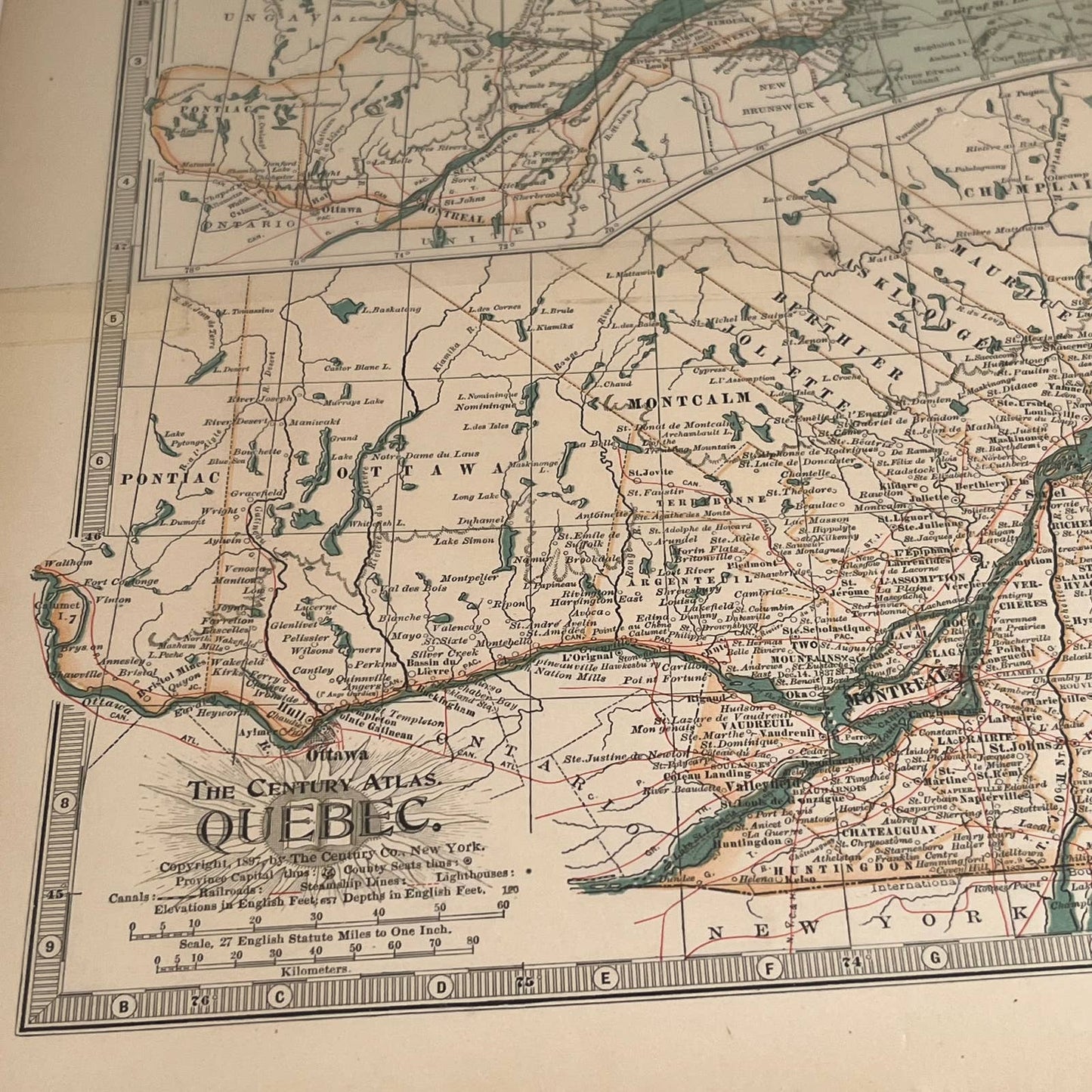 Antique 1897 The Century Atlas Map of QUEBEC Color Engraved 12.5 x 17” FL5