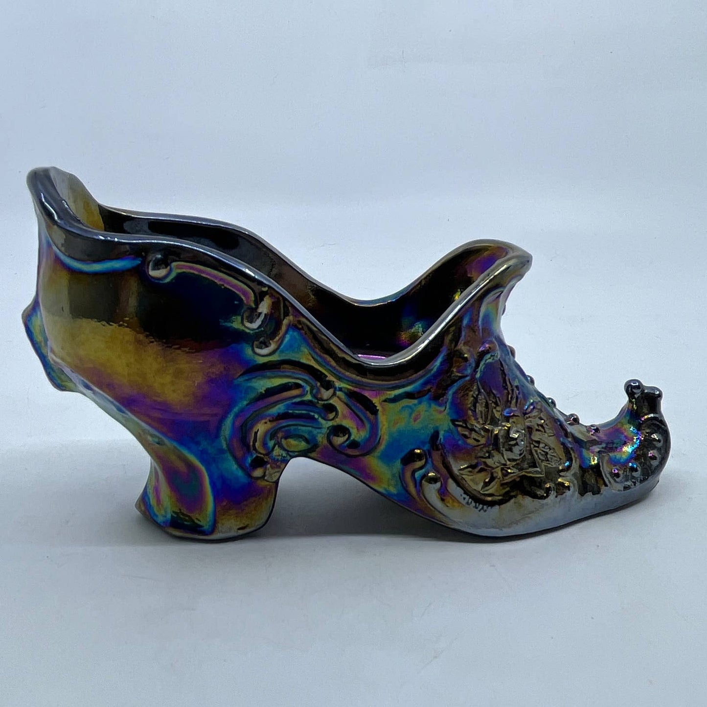 Mosser Victorian Rose Slipper Amethyst Carnival Glass Shoe Turned Up Toe 6x3 TI3