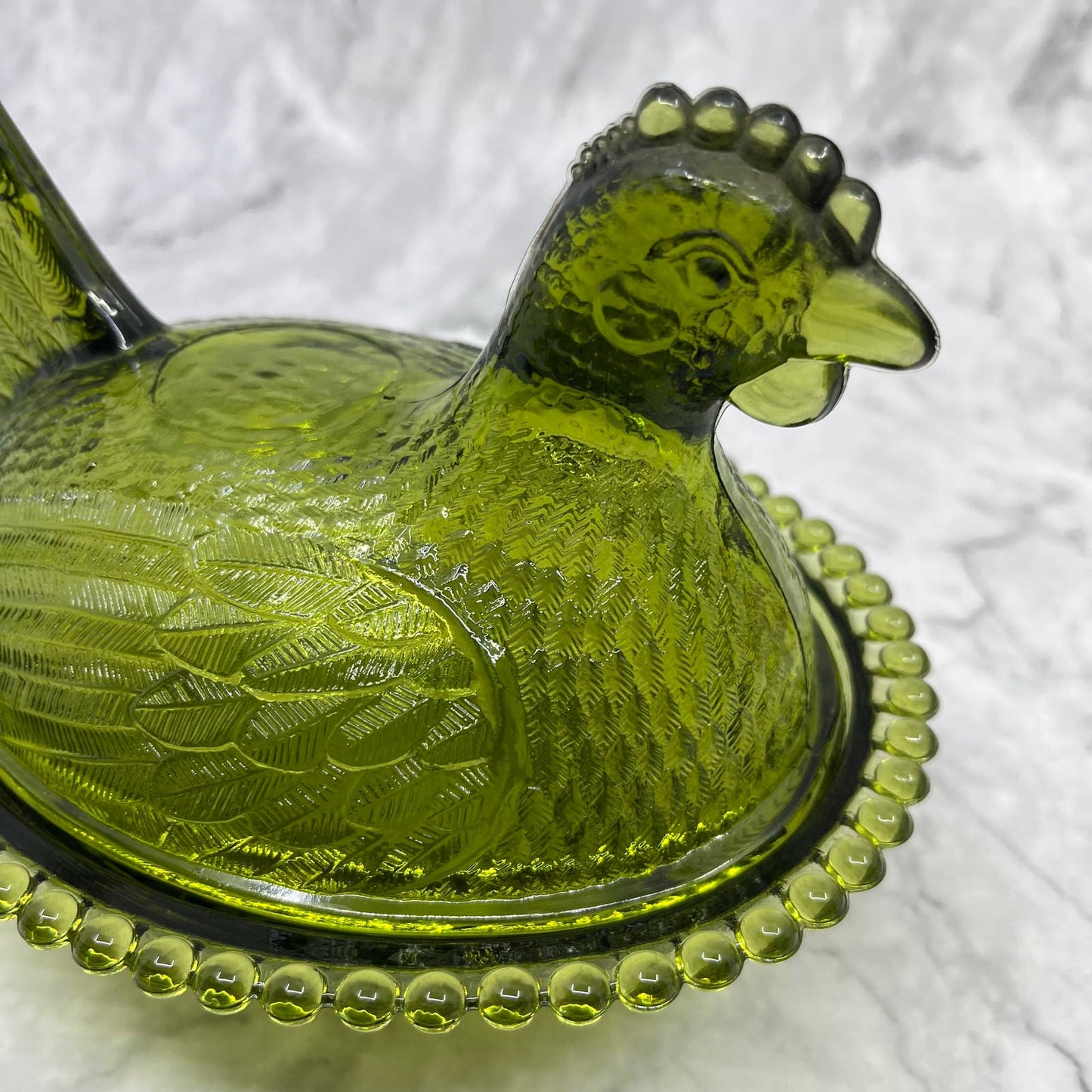 Vintage Nesting Hen Green Avocado Indiana Glass Hen on Nest Candy Dish ~7x5" TE2