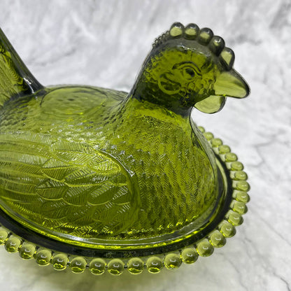 Vintage Nesting Hen Green Avocado Indiana Glass Hen on Nest Candy Dish ~7x5" TE2