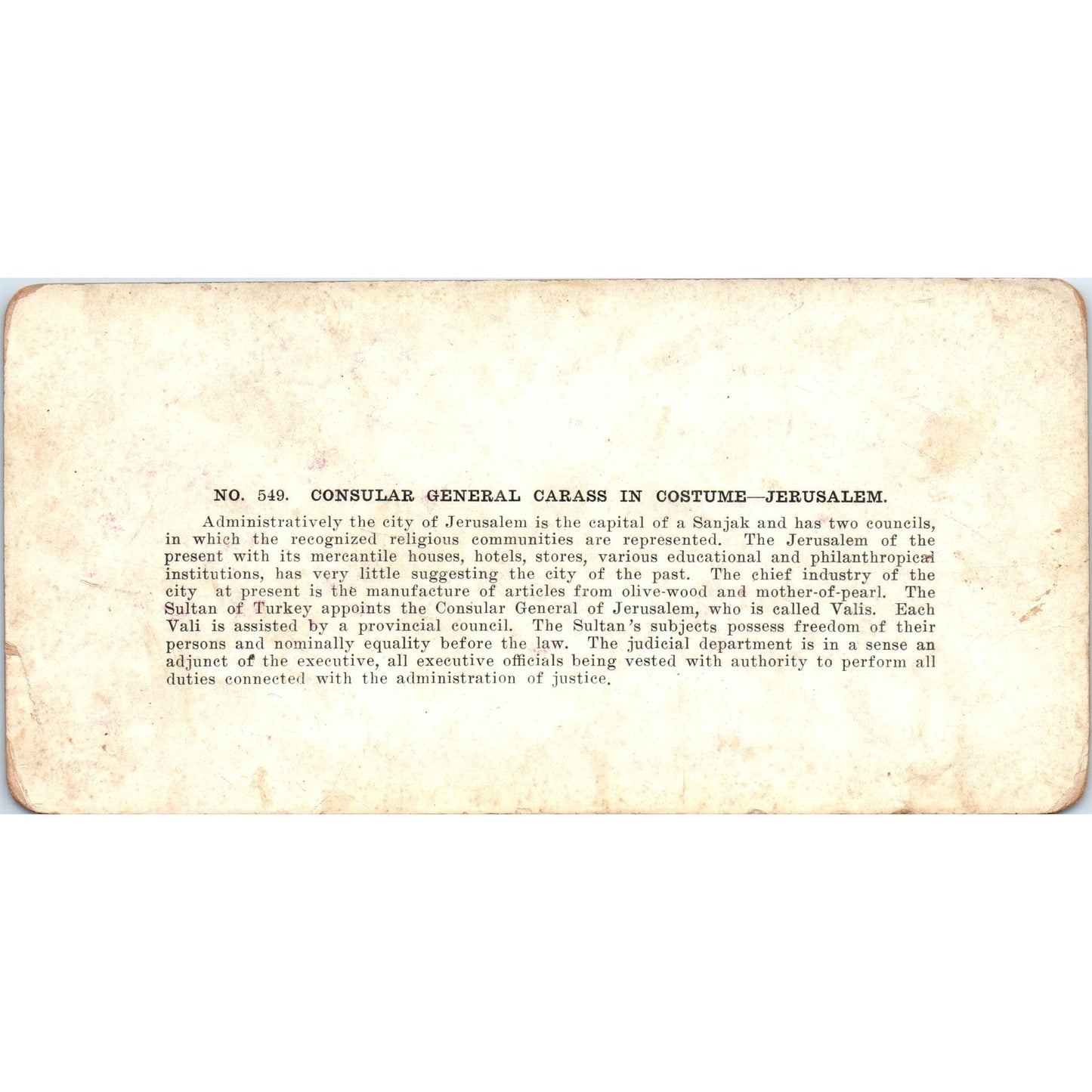 Consular General Carass in Costume Jerusalem - Antique Stereoview Card H3-2