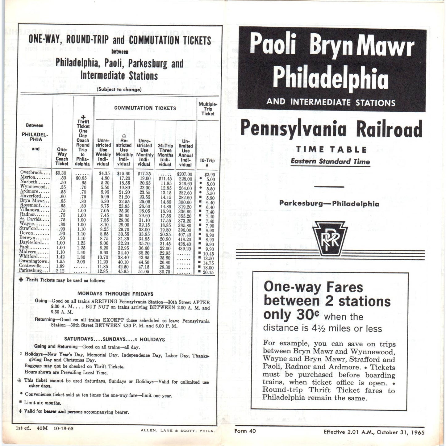 1965 Pennsylvania Railroad Paoli Bryn Mawr Philadelphia Timetable SE8