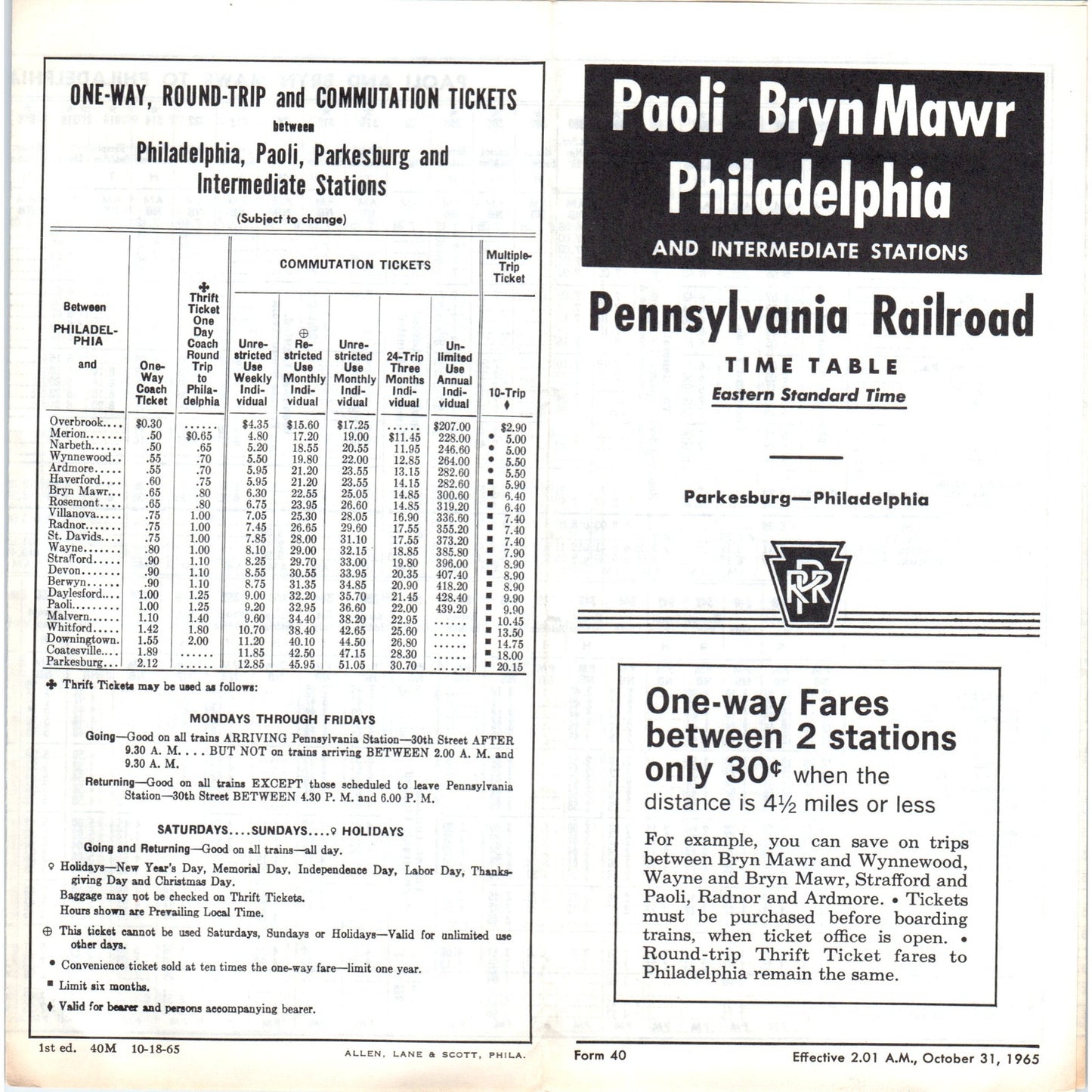 1965 Pennsylvania Railroad Paoli Bryn Mawr Philadelphia Timetable AK3-6
