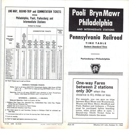 1965 Pennsylvania Railroad Paoli Bryn Mawr Philadelphia Timetable AK3-6