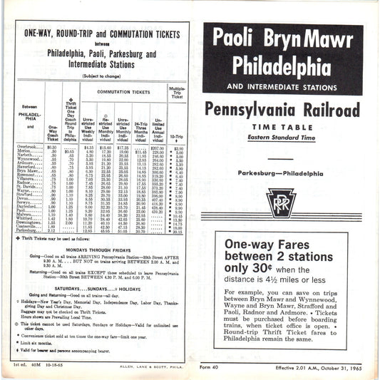 1965 Pennsylvania Railroad Paoli Bryn Mawr Philadelphia Timetable AK3-6