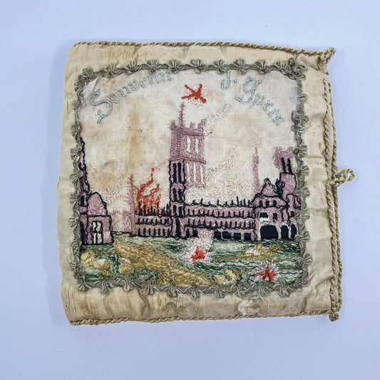 c1920 WWI Ypres Belgian Souvenir Handkerchief Holder Hand Embroidered TF5