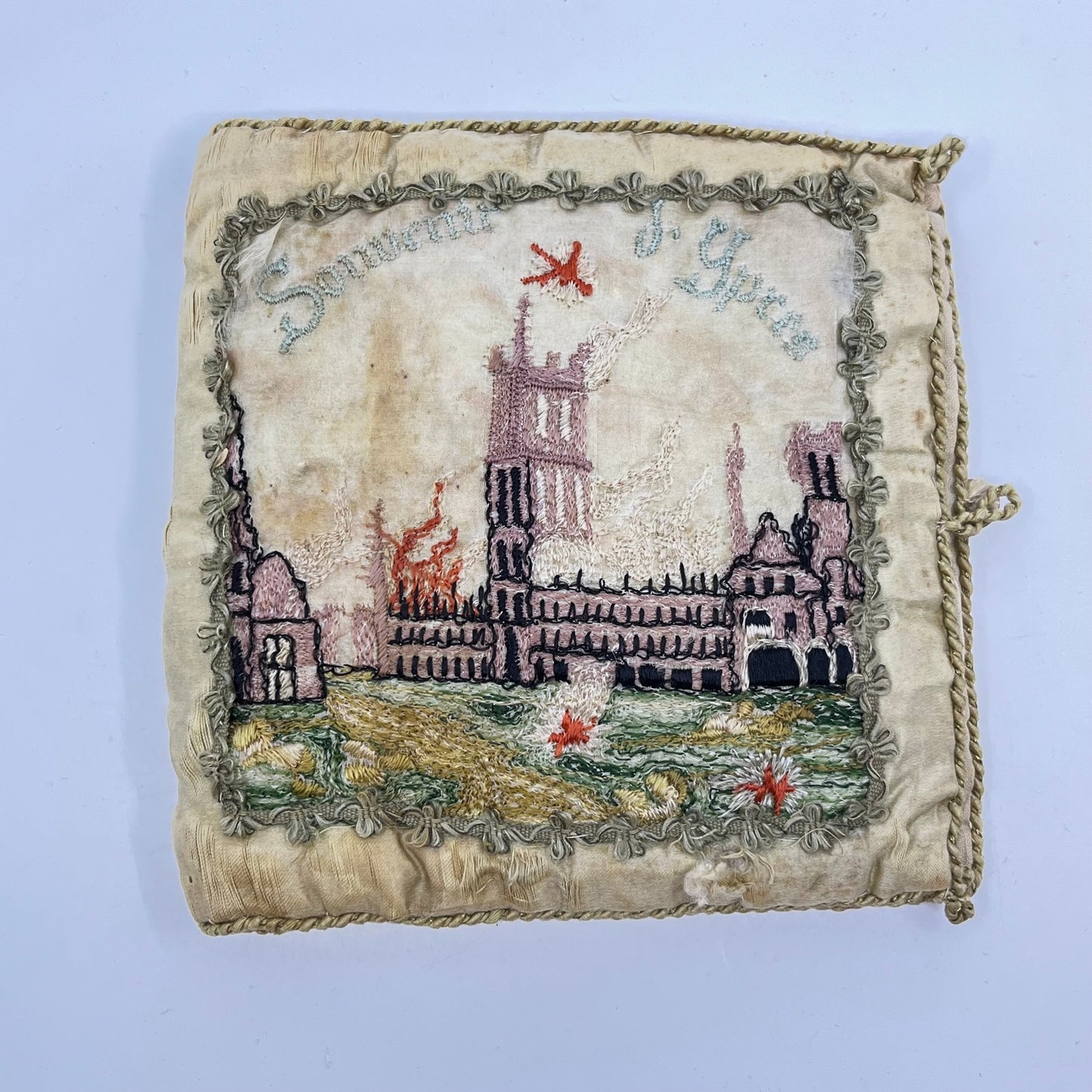 c1920 WWI Ypres Belgian Souvenir Handkerchief Holder Hand Embroidered TH9
