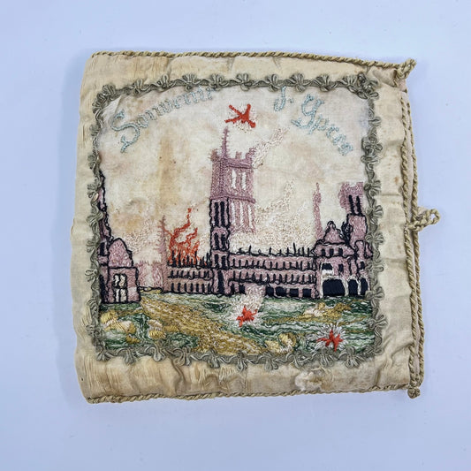 c1920 WWI Ypres Belgian Souvenir Handkerchief Holder Hand Embroidered TH9