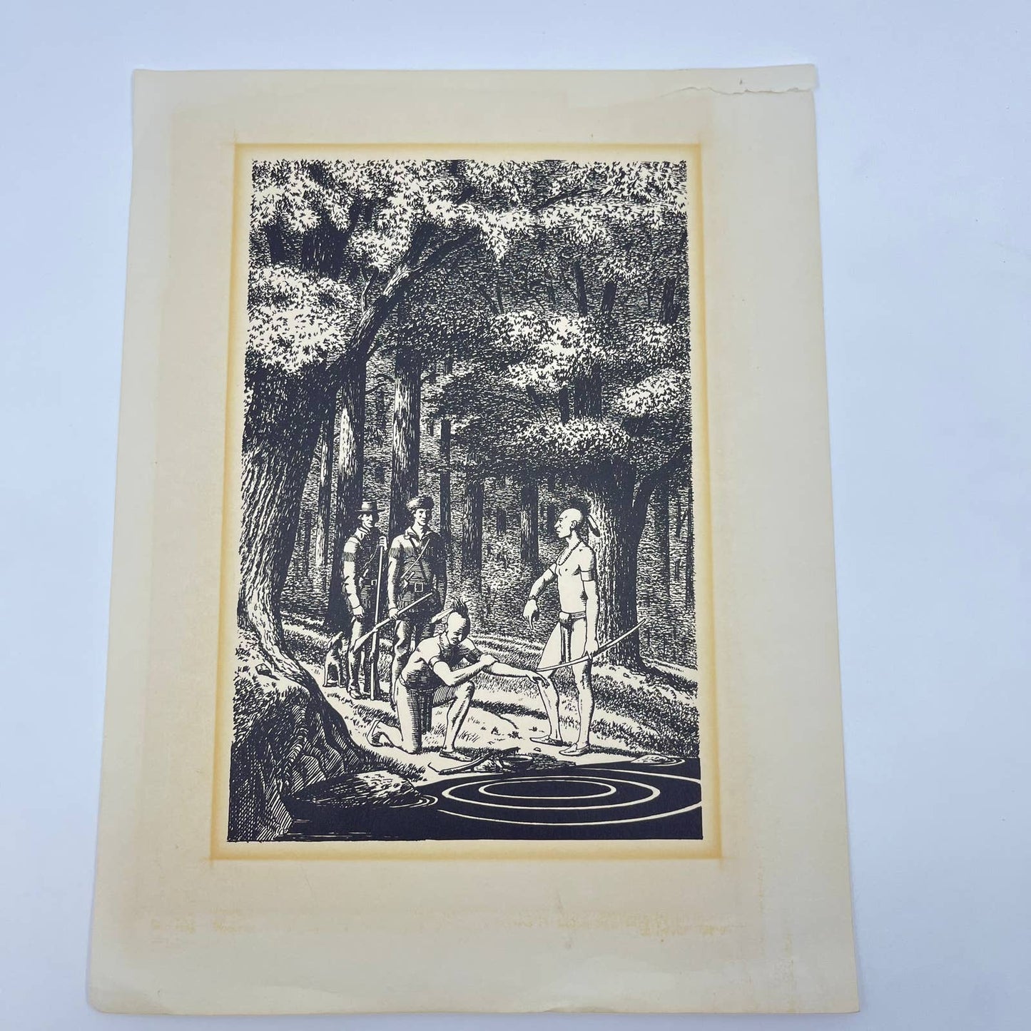 Vintage 1940s-50s Pencil Sketch Art Print Settlers With Mohawk Indians FL3