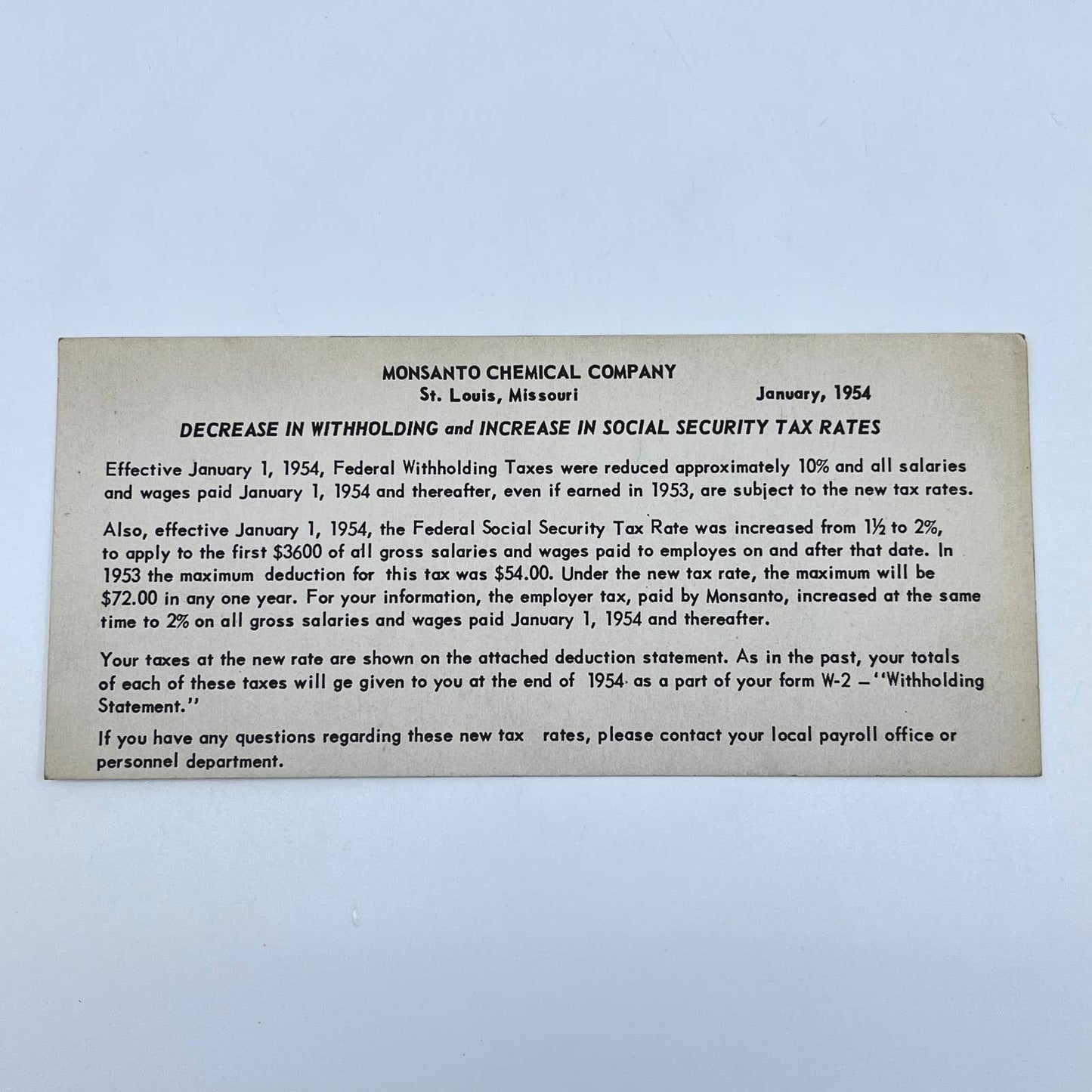 1954 Monsanto Chemical Company Tax Rate Increase Card St. Louis MO AB2