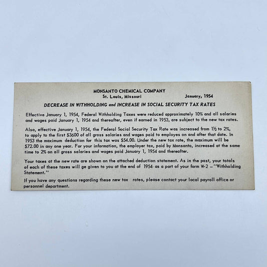 1954 Monsanto Chemical Company Tax Rate Increase Card St. Louis MO AB2