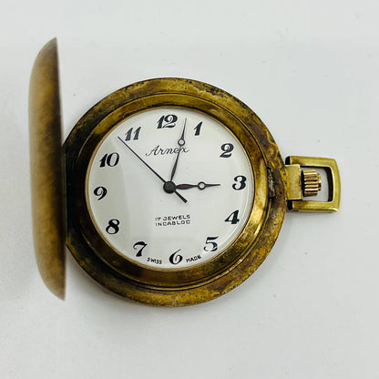 VTG Arnex Gold/Brass Tone Pocket Watch Incabloc 17 Jewels Swiss Made WORKS SB3