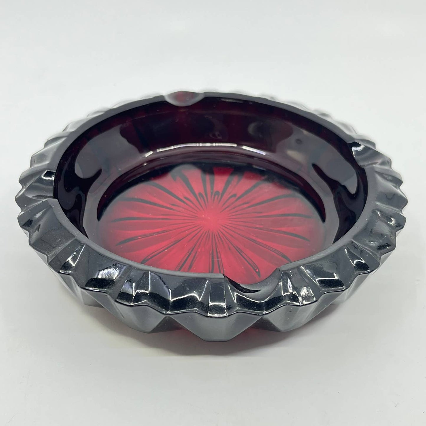 Vintage Ruby Red Cut Glass 6" Luminarc 4-Slot Cigar Ashtray Embossed France TE6