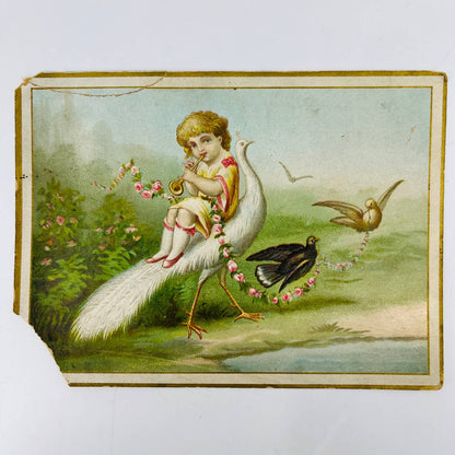 1880s Victorian Greeting Card Young Man Riding a Pheasant Playing Horn AA2