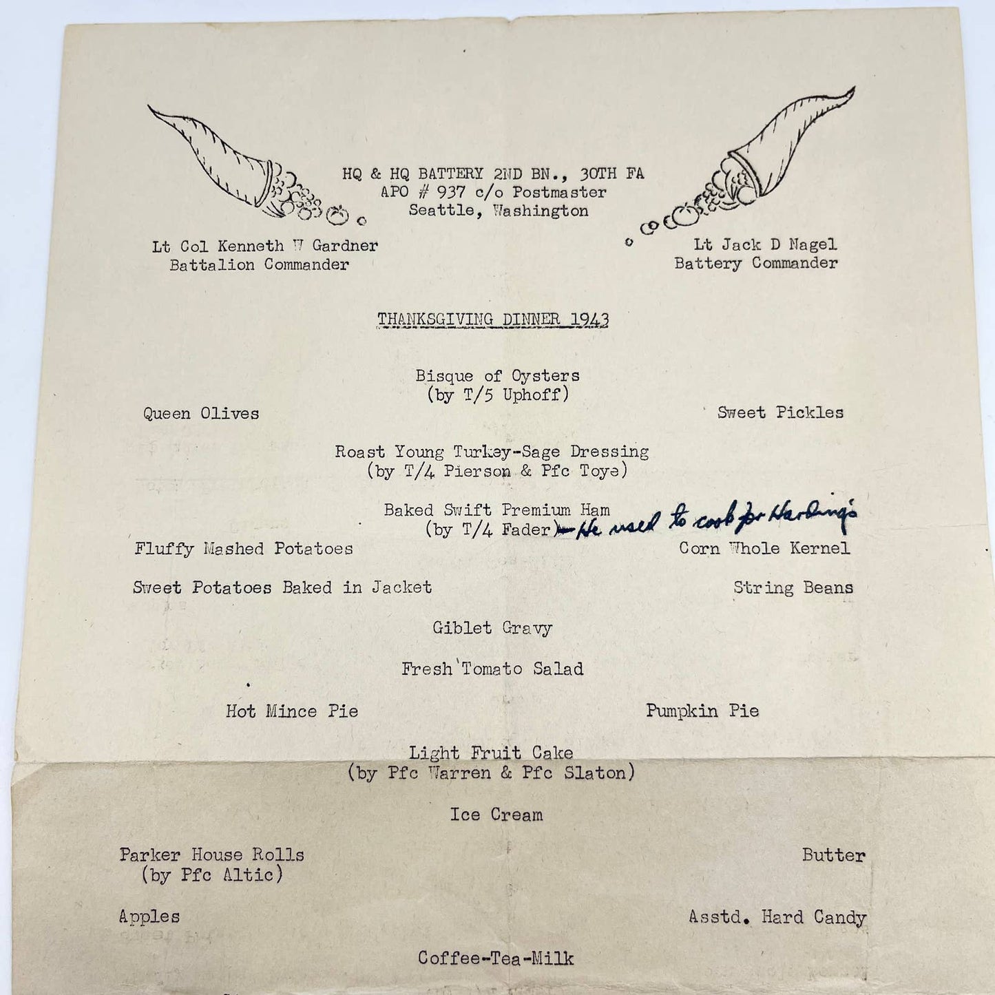 1943 Army Menu Thanksgiving Dinner APO 937 Seattle WA 2nd Btn 30th FA AB3