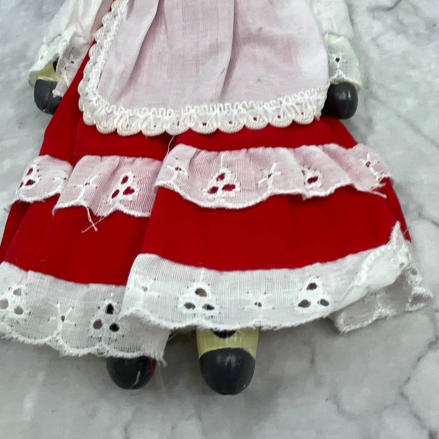 VTG BLACK & WHITE HOLSTEIN COW DOLL country lace dress w/ apron Ceramic Head TI7