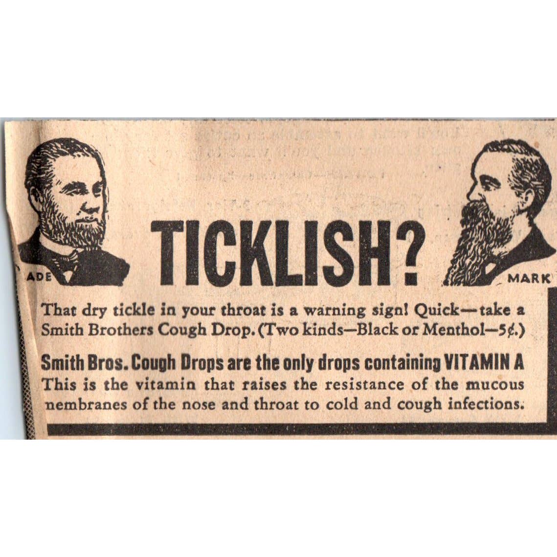 1935 Minneapolis Journal Newspaper Ad Ticklish? Smith Bros. Cough Drops FL5-6