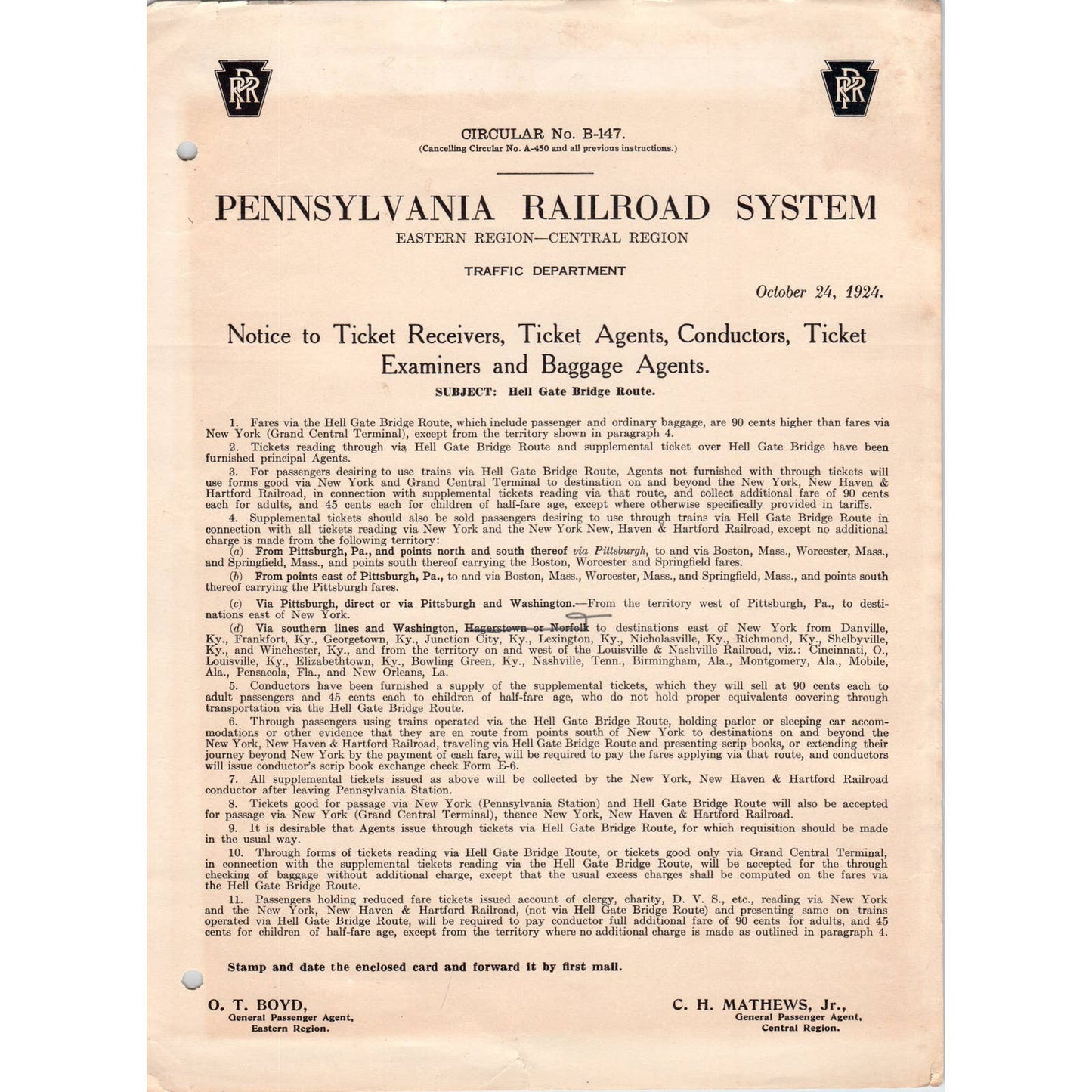 1924 Pennsylvania Railroad System Circular No. B-147 Hell Gate Bridge Routes AD8