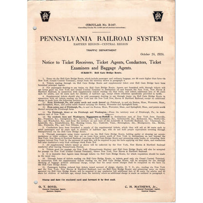 1924 Pennsylvania Railroad System Circular No. B-147 Hell Gate Bridge Routes AD8