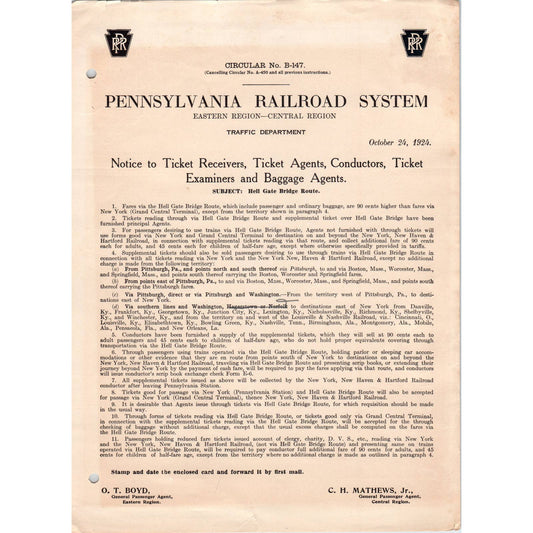 1924 Pennsylvania Railroad System Circular No. B-147 Hell Gate Bridge Routes AD8