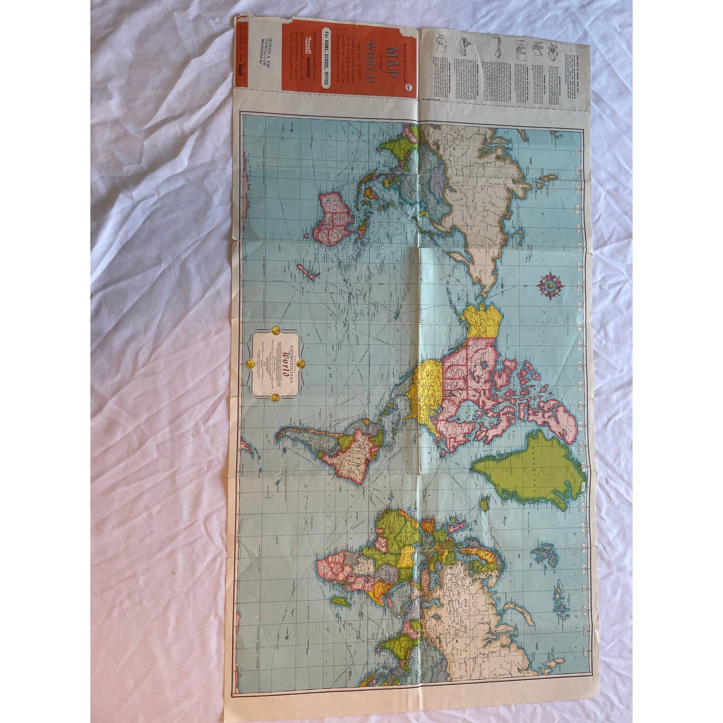 Rand McNally Map of World Rexall Drug Clough & Son Milledgeville IL 36x19 FL3