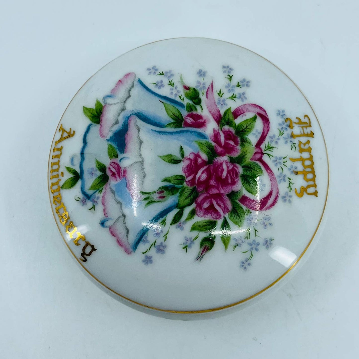 Vintage NORCREST FINE CHINA HAPPY ANNIVERSARY Powder Jar Trinket Box HA-1 TC1