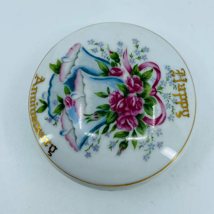 Vintage NORCREST FINE CHINA HAPPY ANNIVERSARY Powder Jar Trinket Box HA-1 TC1