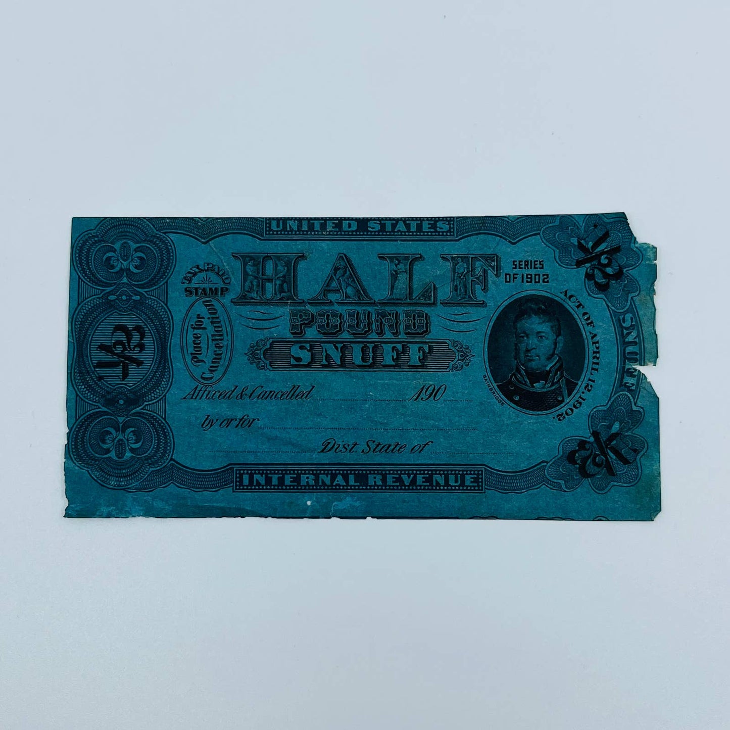 1902 Series Half Pound Snuff Tax Paid Stamp AA2