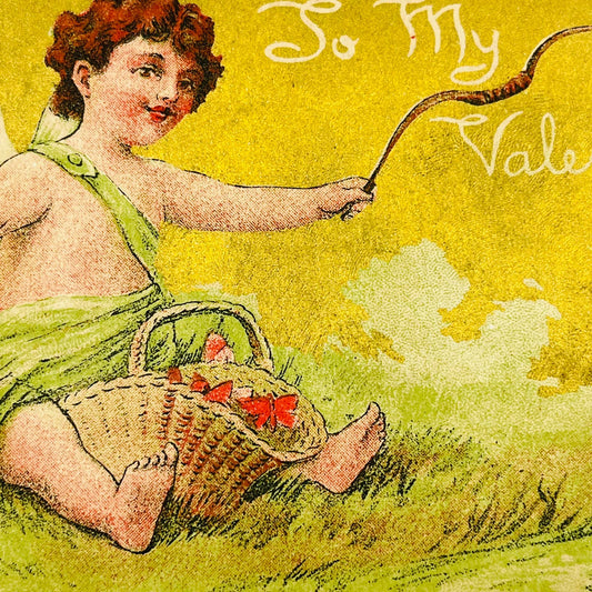 1900s Valentine’s Post Card Cupid Flowers Bow & Arrow Gold Background PA3