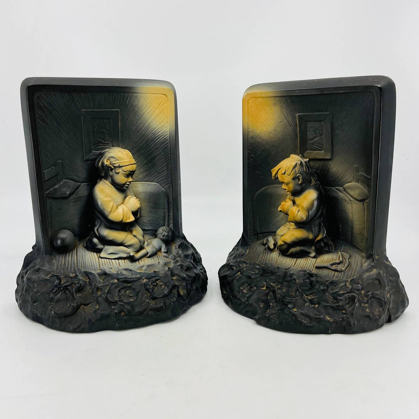 VTG Bedtime Girl & Boy Praying Bookends Victor Creative Arts 1964 Chalkware TC8