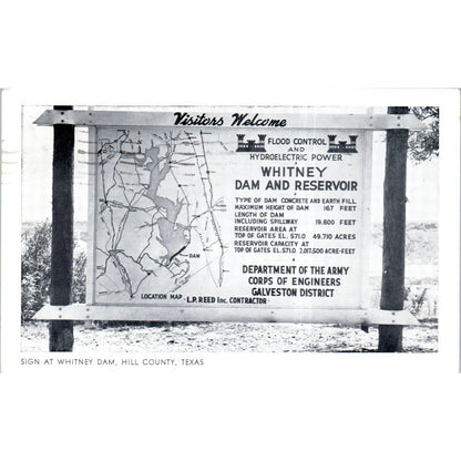 Sign at Whitney Dam Hill County Texas 1953 Original Postcard TK1-P12