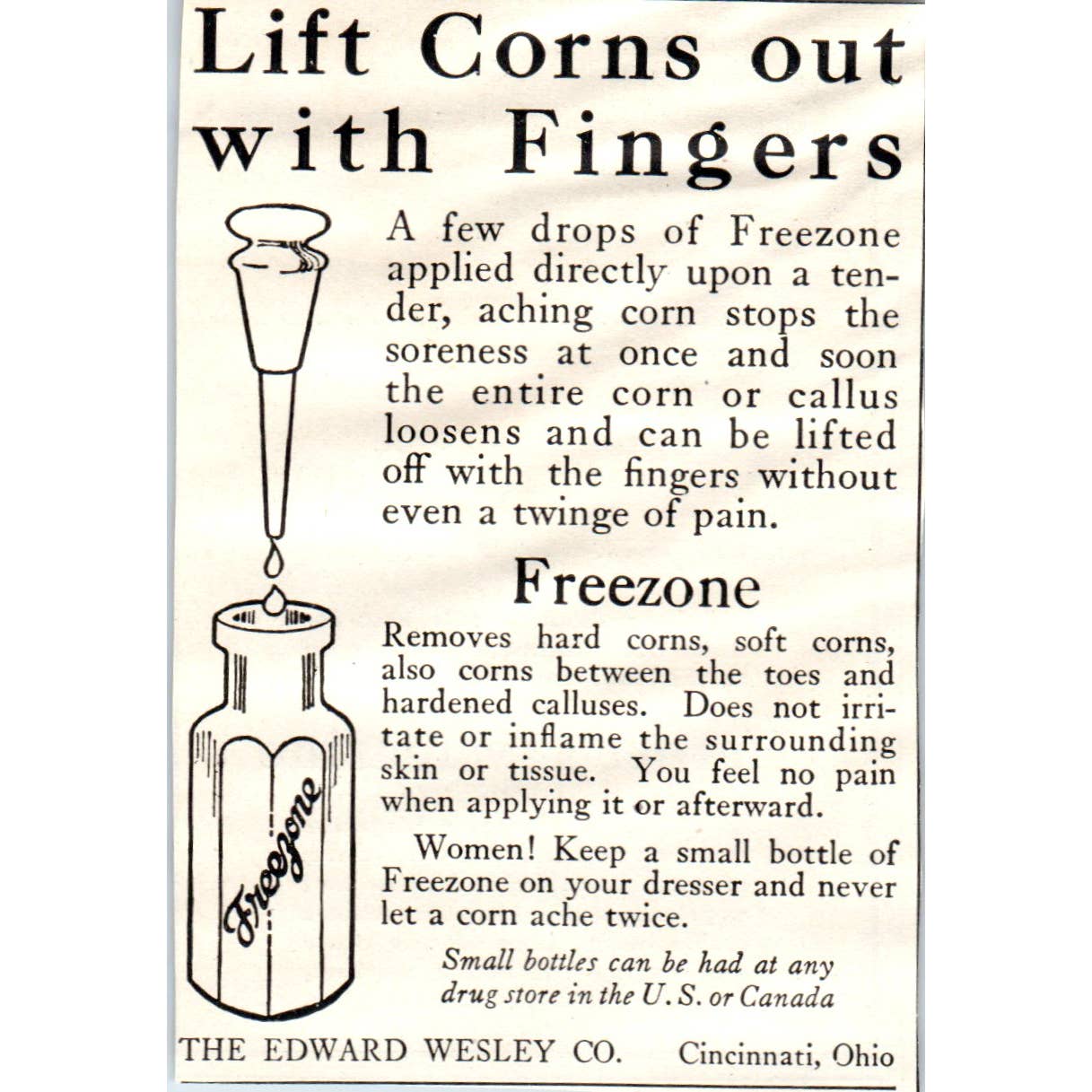 c1920 Harper's Ad - Edwarde Wesley Co. Freezone Corn Removal Cincinnati EA3