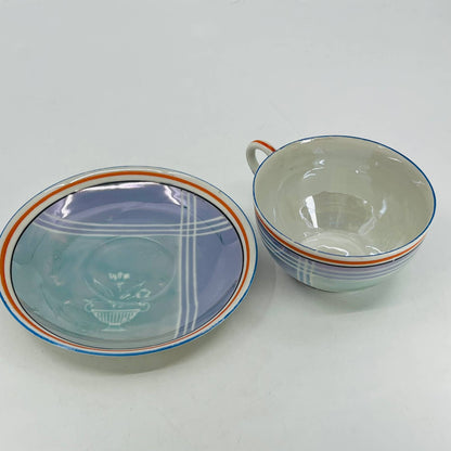 Vtg RARE Japanese Iridescent Opal Lusterware Blue Stripe Cup and Saucer Set TC6