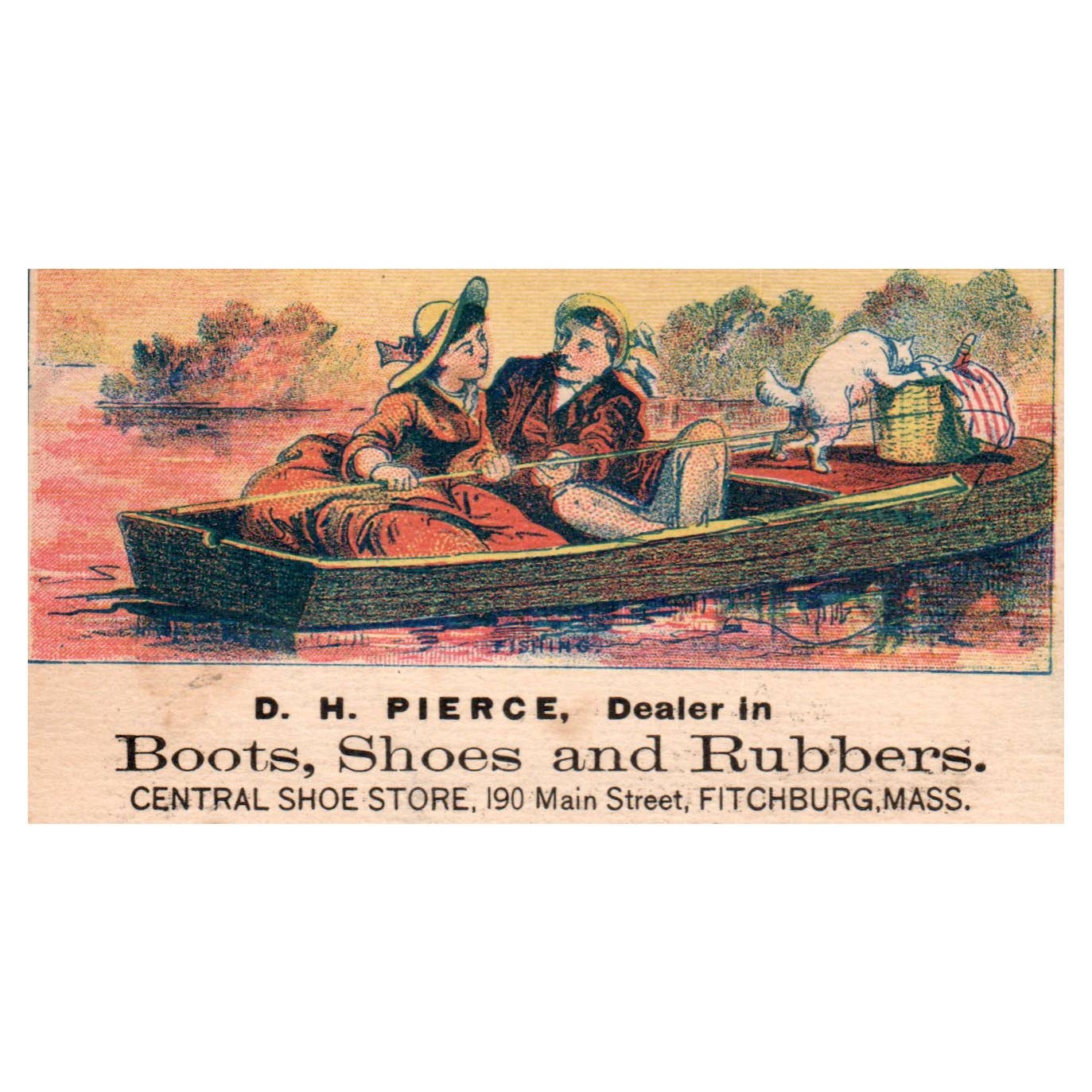 D.H. Pierce Boot Shoes Rubbers Fitchburg Mass BOATING - 1880s Trade Card TJ8-3