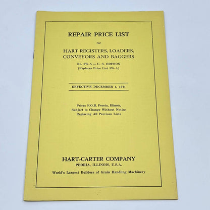 1941 Hart-Carter Repair Price List 6-W For Loaders Conveyors Baggers TF8