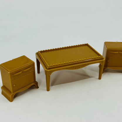 1950s MCM Plasco Dollhouse Furniture Celluloid Tan Coffee & End Table Set TD6