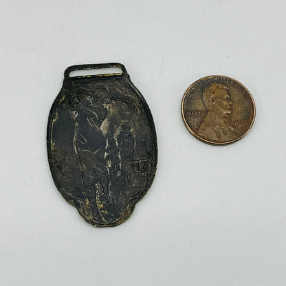 Antique Woman Golfing Metal Brass Golf Bag Tag Medallion Embossed SC3