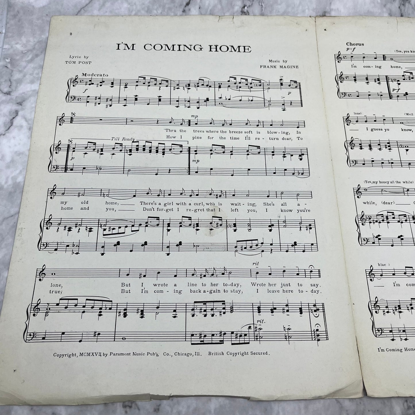 1917 Sheet Music - I'm Coming Home - Tom Post Frank Mangine V39-3