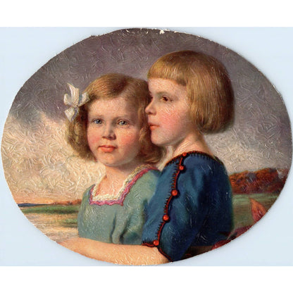 Antique Art Print Victorian Girls Oval Embossed 7.5x9.5 TJ1-2