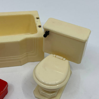 1946 RENWAL White Tub, Sink, Toilet & Red Scale Hard Plastic Dollhouse Lot TC3