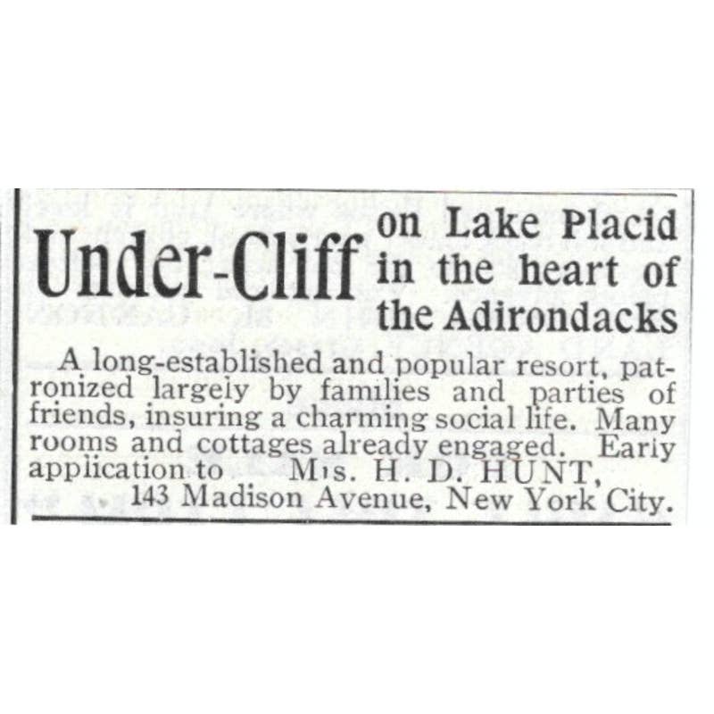 Under Cliff on Lake Placid Mrs. H.D. Hunt NYC - 1903 Original Ad TJ7-S9