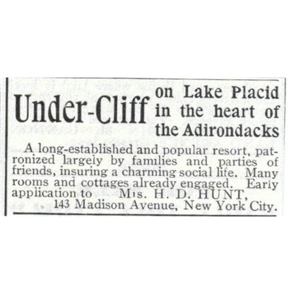 Under Cliff on Lake Placid Mrs. H.D. Hunt NYC - 1903 Original Ad TJ7-S9