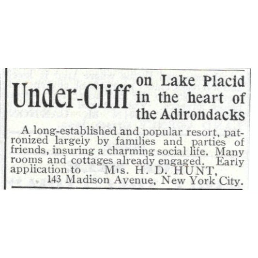 Under Cliff on Lake Placid Mrs. H.D. Hunt NYC - 1903 Original Ad TJ7-S9