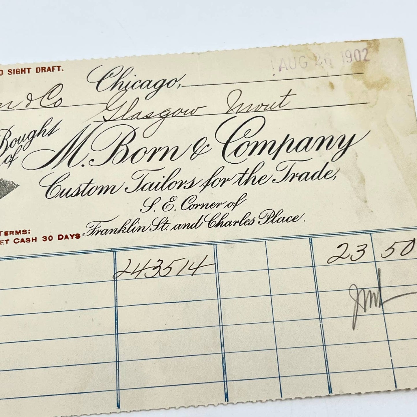 1902 M. Born & Company Custom Tailors Letterhead Chicago IL AB5-2