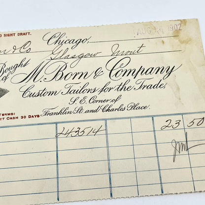 1902 M. Born & Company Custom Tailors Letterhead Chicago IL AB5-2