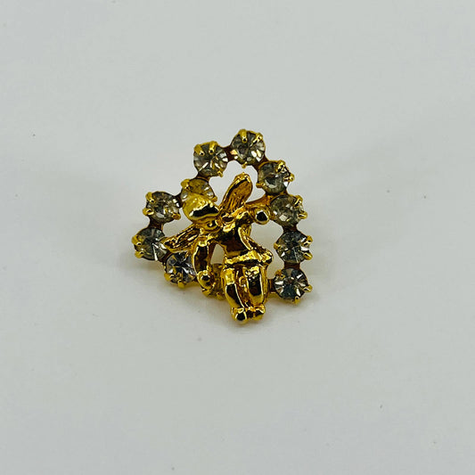 Vintage Cherub Heart Rhinestone Gold Tone Brooch SB2