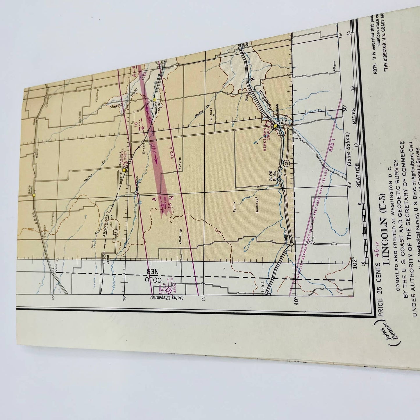 1946 Lincoln Nebraska U-5 Aeronautical Chart Map Fold Out D5