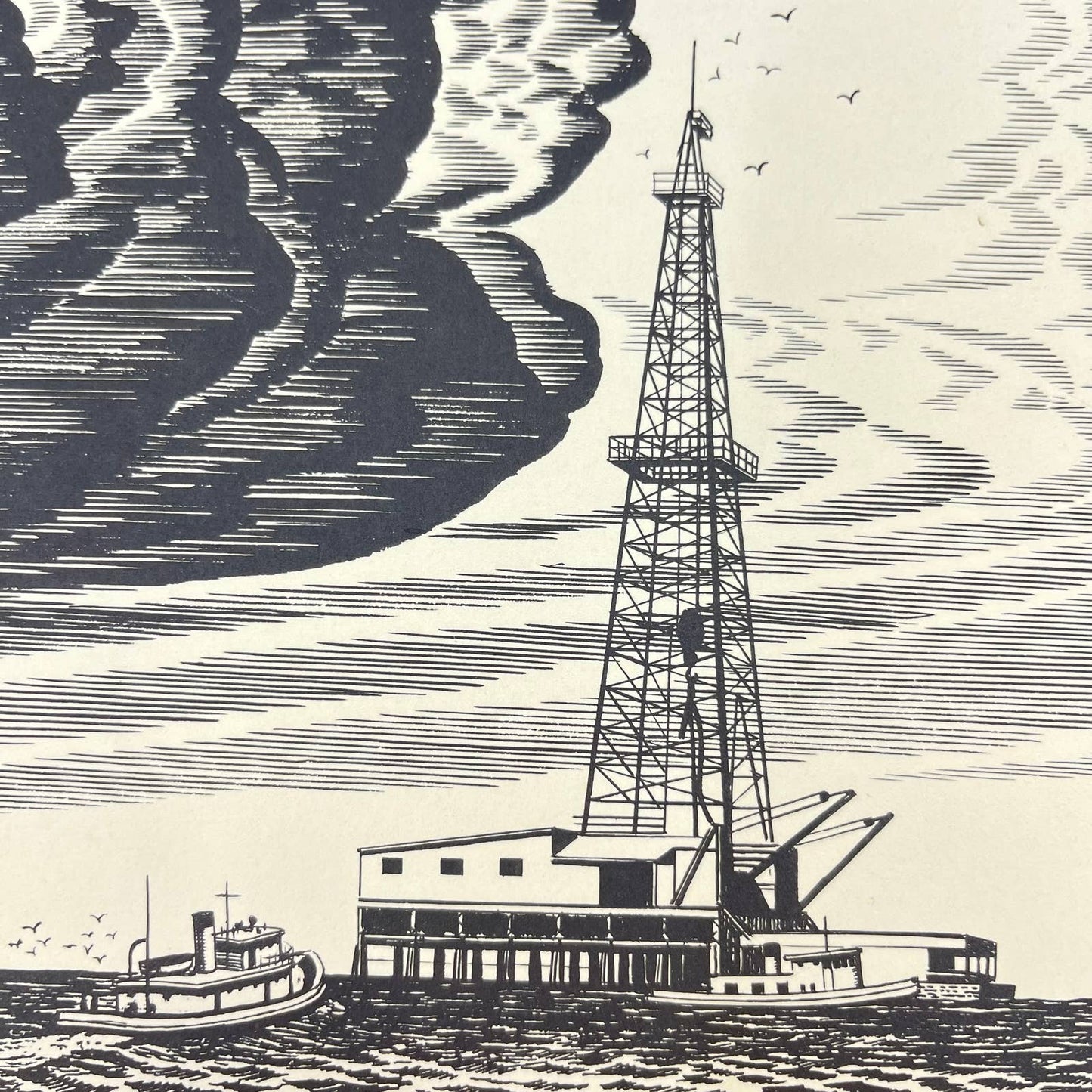 Vintage 1940s-50s Pencil Sketch Art Print Floating Oil Derrick Tugboat FL3