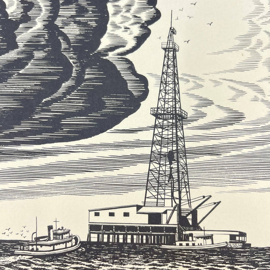 Vintage 1940s-50s Pencil Sketch Art Print Floating Oil Derrick Tugboat FL3